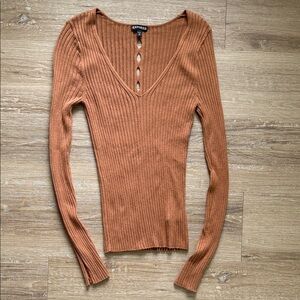 Express Rust Ribbed V-Neck Sweater